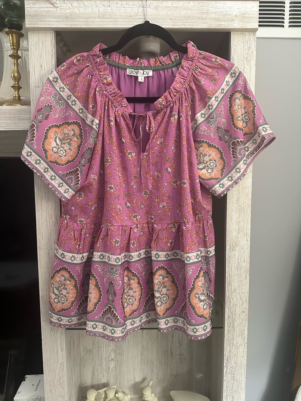 Joy Joy Pink & Orange Floral Peasant Top